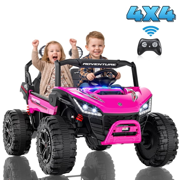 TOKTOO 4WD 24 Volt Ride on Toys for Big Kids, 2 XL Seater Electric Car, Ride on Cars UTV with Remote Control, Rainbow Lights, Max 5.1Mph, Shock-Absorbing Springs, Storage, Bluetooth, 3 Speeds, Pink