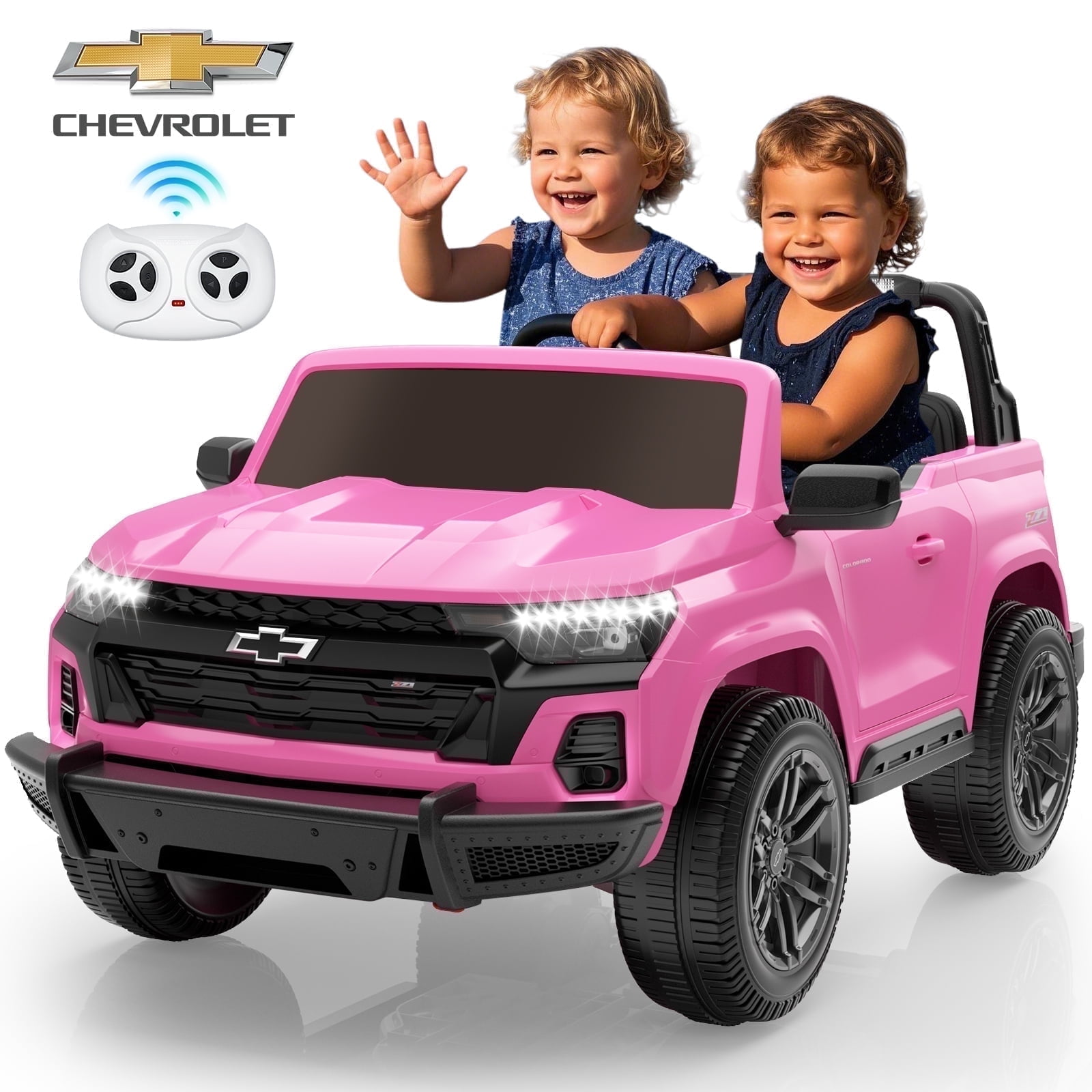TOKTOO 24V 2 Seater Powered Ride on Car, Licensed Chevrolet Colorado Electric Car for Big Kids, Ride on Toy w/ Rear Storage Trunk, Music Player, Remote Control for Boys Girls, Pink
