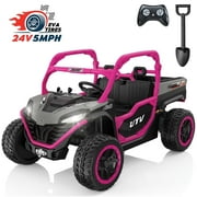 TOKTOO 24V Ride on Dump Truck, 2 Seater Ride on UTV for Big Kids, 5 Mph, 4WD Battery Powered Ride on Car, Ride on Toy for Boys Girls with 4 Wheels, Electric Dump Bed, Remote Control-Rose Red