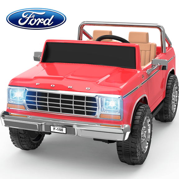 TOKTOO Licensed 1973 Ford F-150 24V 2 Seater Ride On Car for Kids, Electric Ride On Toys with Parent Remote Control, 400W Powerful Wheel, LED Lights, Music Player, Ages 3-8, Coral Red