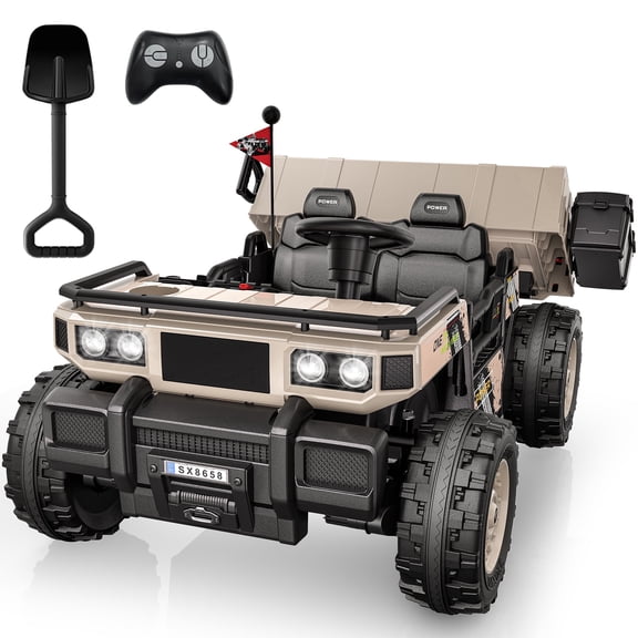 TOKTOO 24V Powered Ride on Dump Truck, 24V 2 Seater Ride on Car for Big Kid, 24 Volt Ride on Toy with Powerful Wheels for Boy Girl, 24V Ride Ons for Kid Aged 3-8Y, Khaki
