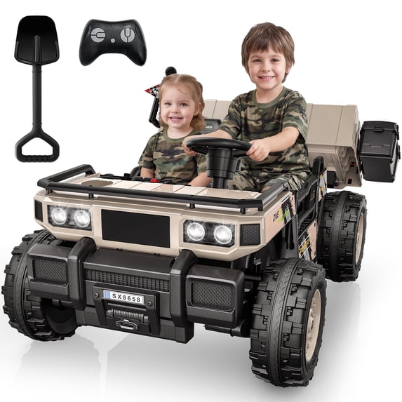 TOKTOO 24V Powered Ride on Dump Truck, 24V 2 Seater Ride on Car for Big Kid, 24 Volt Ride on Toy with Powerful Wheels for Boy Girl, 24V Ride Ons for Kid Aged 3-8Y, Khaki