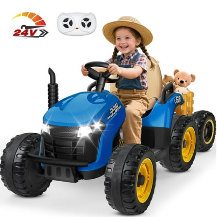 TOKTOO 24V Powered Ride on Tractor Max 4.3Mph w/ EVA Tires, Tippable Trailer, Remote Control, Tractor Ride on Toy for Kids- Blue
