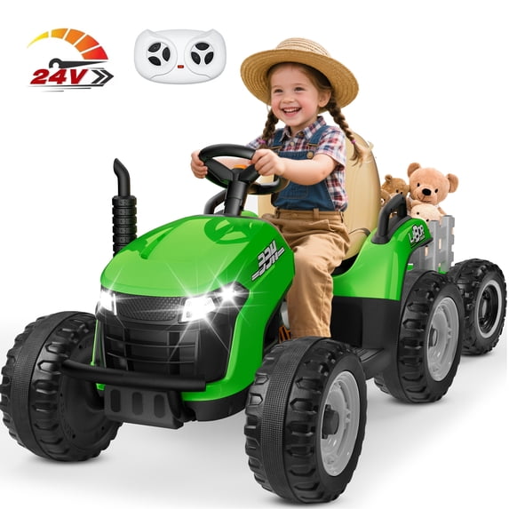 TOKTOO 24V Powered Ride on Tractor Max 4.3Mph w/ EVA Tires, Tippable Trailer, Remote Control, Tractor Ride on Toy for Kids- Green