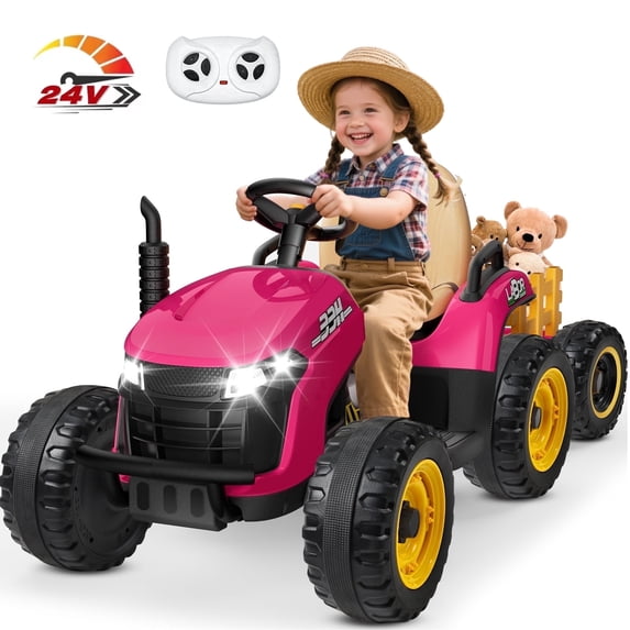 TOKTOO 24V Powered Ride on Tractor Max 4.3Mph w/ EVA Tires, Tippable Trailer, Remote Control, Tractor Ride on Toy for Kids-Pink