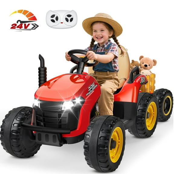 TOKTOO 24V Powered Ride on Tractor Max 4.3Mph w/ EVA Tires, Tippable Trailer, Remote Control, Tractor Ride on Toy for Kids- Red