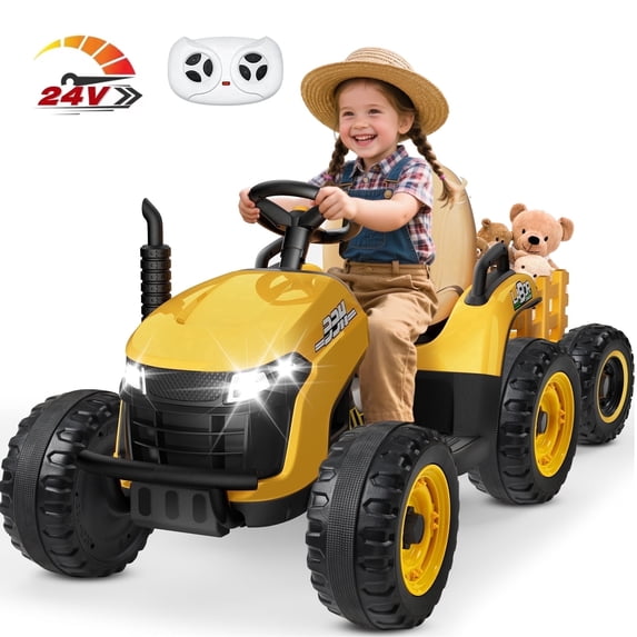 TOKTOO 24V Powered Ride on Tractor Max 4.3Mph w/ EVA Tires, Tippable Trailer, Remote Control, Tractor Ride on Toy for Kids-Yellow