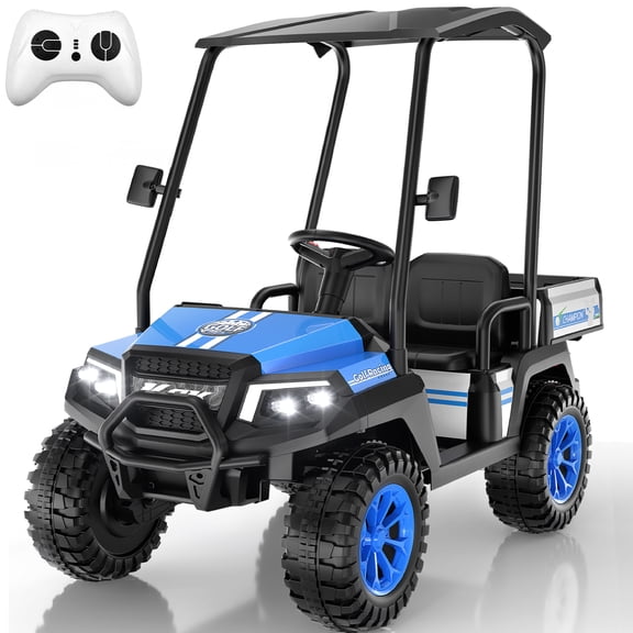 TOKTOO Kids Golf Cart, 24V Ride on Car, 2 Seater Electric Ride on Truck with Remote Control, Detachable Awning, 4*96W Powerful Motors for Aged 3-8 Years, Blue