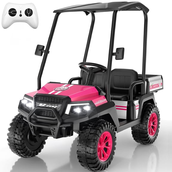 TOKTOO Kids Golf Cart, 24V Ride on Car, 2 Seater Electric Ride on Truck with Remote Control, Detachable Awning, 4*96W Powerful Motors for Aged 3-8 Years,Pink