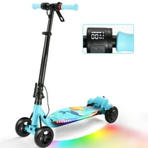 TOKTOO 4-Wheeled Kids Electric Scooter with 5.5" Rubber Tires, 250W Motor, Up to 10Mph for Kids Ages 8+, LED Display, Colorful Lights, Adjustable Speed & Height, Foldable Cruise Scooter-Blue