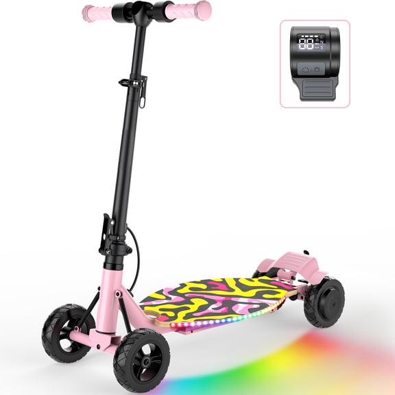 TOKTOO Kids Electric Scooter, 250W Motor, 4-Wheel, 5 Speed, Max Speed 10 MPH, 8.5 Miles Range, Colorful LED Lights, Foldable Electric Scooter for Kids, Gift for Boys Girls, Pink