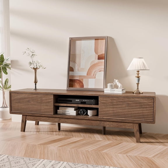 TOLEAD 59" TV Stand, Mid Century Modern Television Stand for 43/55/65 inch TV, Low Profile TV Console with Fluted Sliding Doors, Boho Light Wood Credenza for Living Room, Walnut