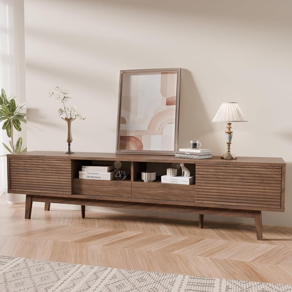 TOLEAD 70" TV Console with Fluted Sliding Doors, Mid Century Modern TV Stand for 55/65/75 Inch TV, Low Profile, Boho Media Console Credenza for Living Room, Walnut