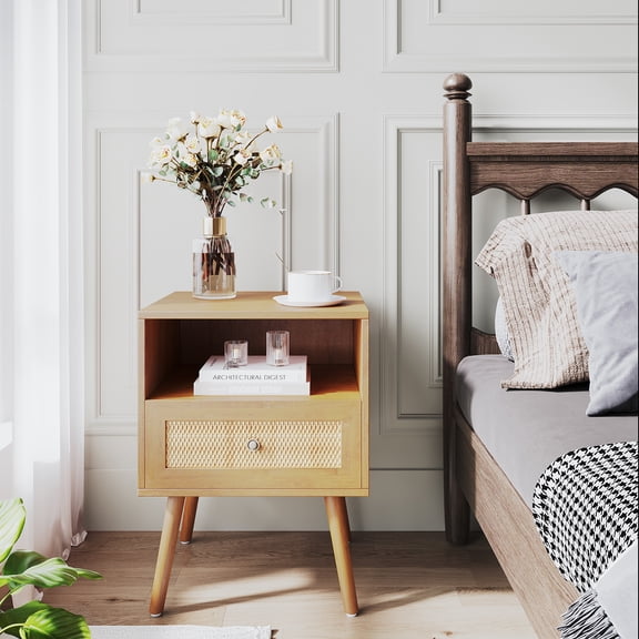 TOLEAD Rattan Nightstand, Wooden Bedside Table End Table for Living Room and Bedroom