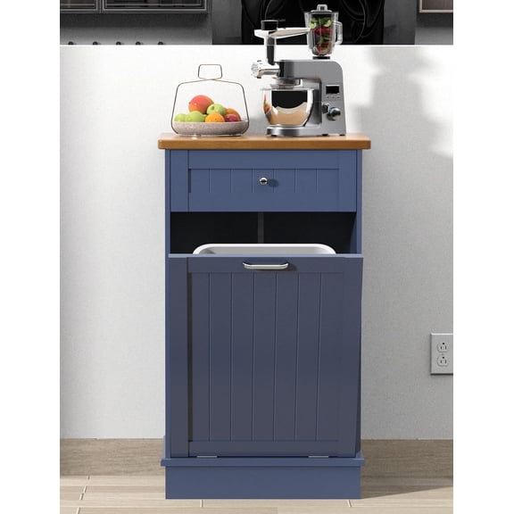 Tilt Out Trash Cabinet,Antique-Style Beadboard Kitchen Island with Solid Wood Tabletop & Drawer,  Proof Trash Can, Wood Laundry Cabinet (Blue, Single Dooor)