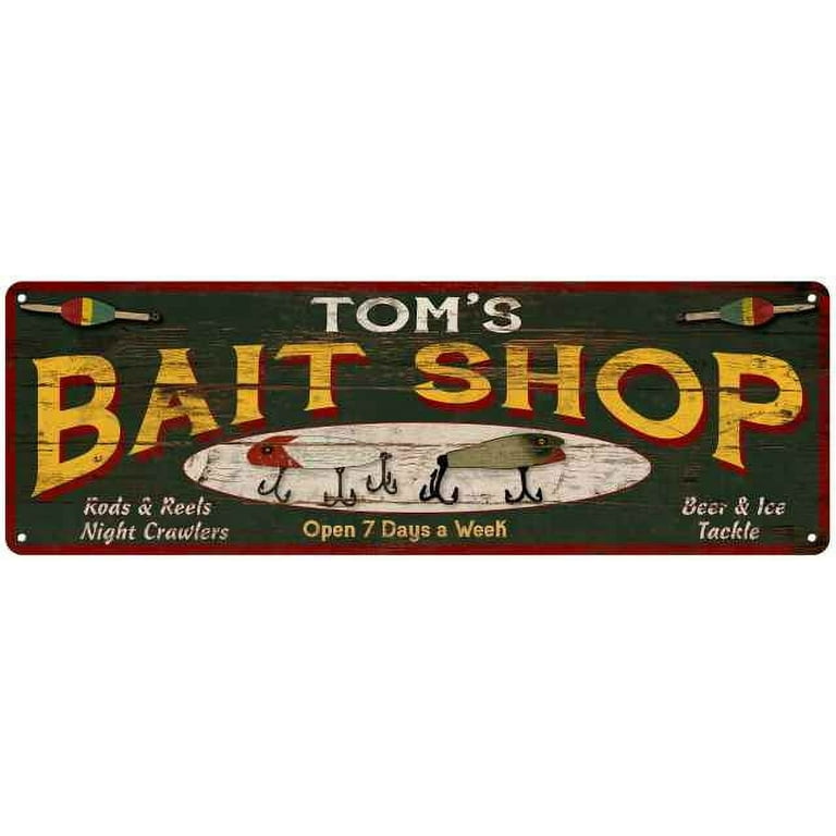 TOM'S Bait Shop Sign Wood Look Man Cave Den Gift 6x18 Metal