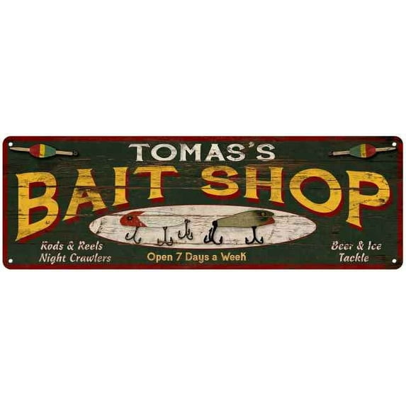 TOMAS'S Bait Shop Sign Wood Look Man Cave Den Gift 6x18 Metal 206180024444