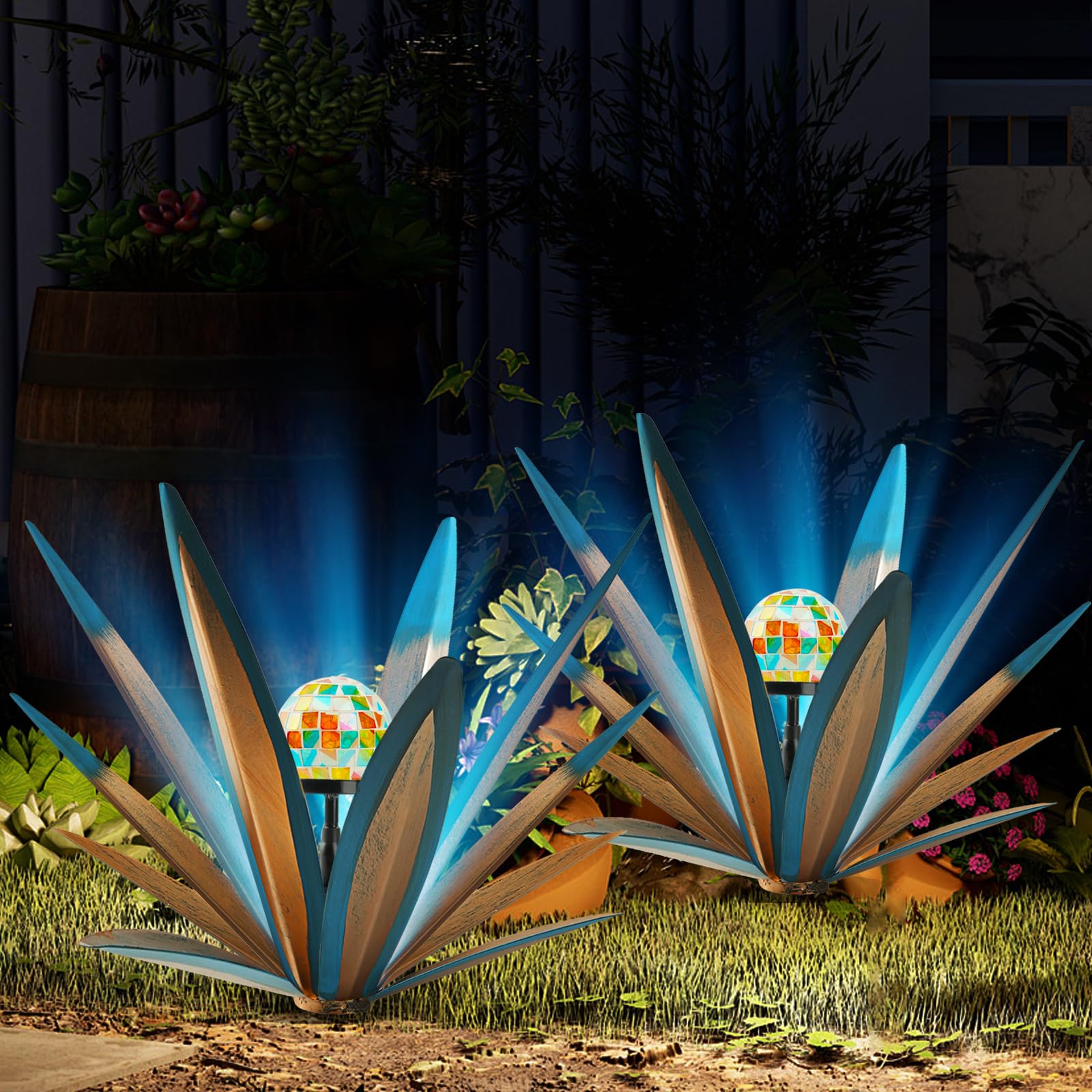 Metal Agave Garden Light | Turquoise Copper Outdoor Sculpture