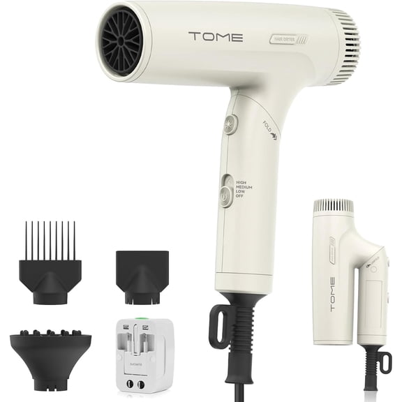 TOME Dual Voltage 1200W Hair Dryer with Diffuser,Foldable Travel Blow Dryer 3 Speed Setting with Comb Nozzle Power Adapter