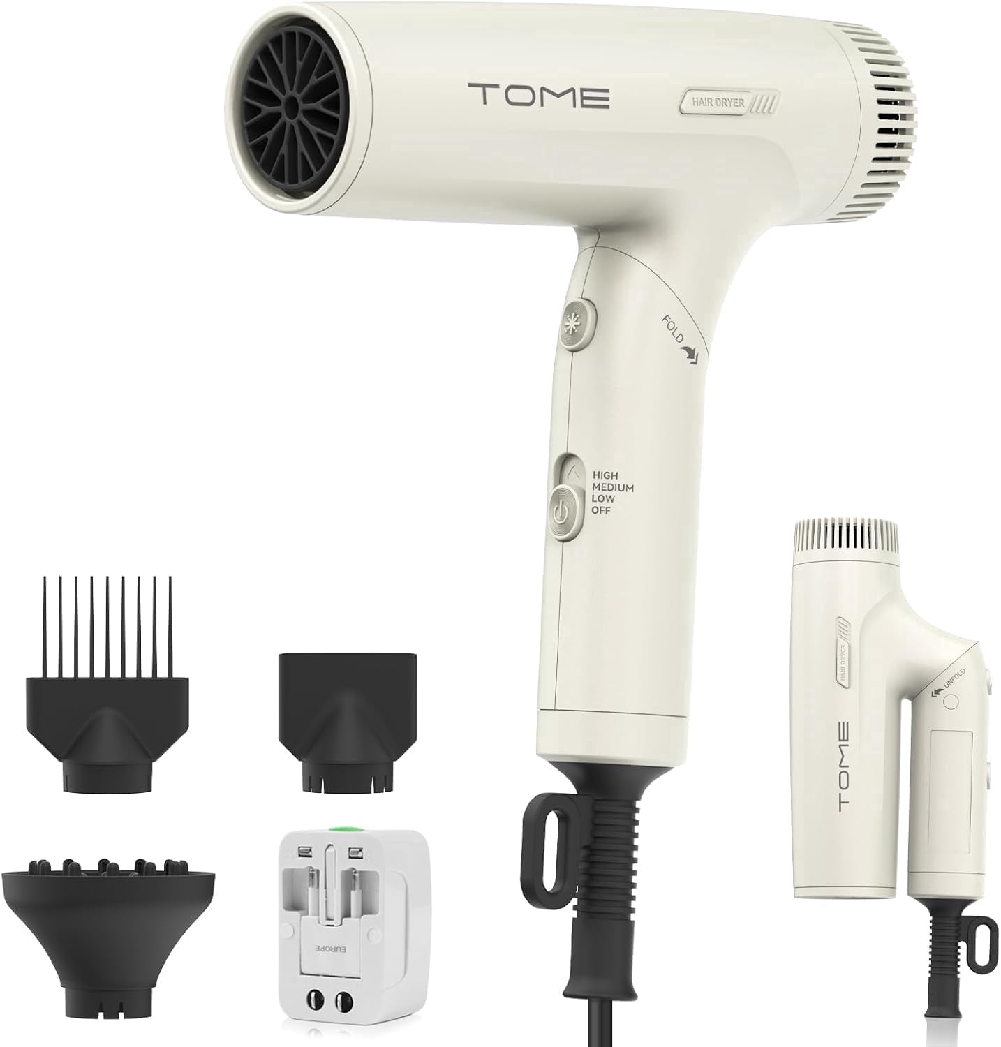 TOME Dual Voltage 1200W Hair Dryer with Diffuser,Foldable Travel Blow Dryer 3 Speed Setting with Comb Nozzle Power Adapter