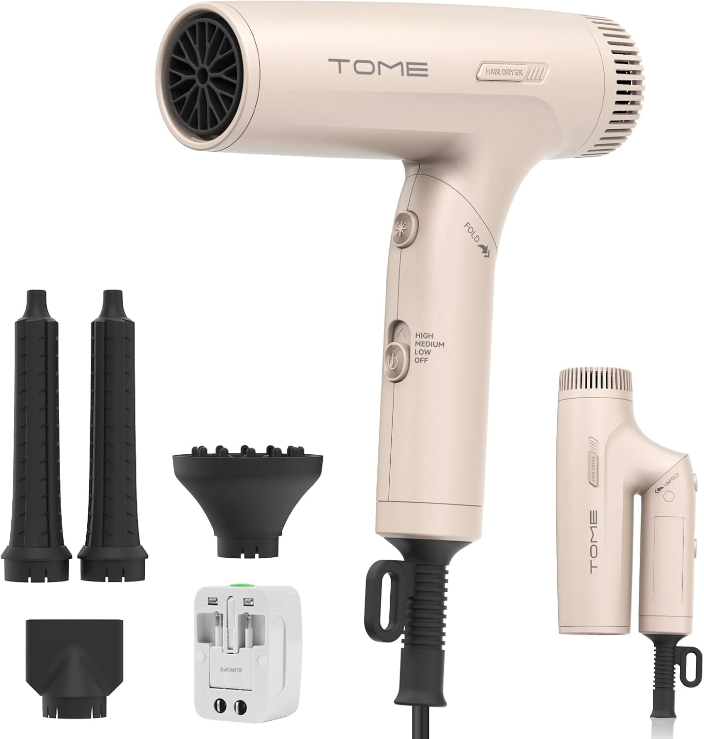 TOME Hair Dryer with Diffuser,Dual Voltage Travel Blow Dryer 1200W Air Curling Wands Nozzle with Universal Power Adapter