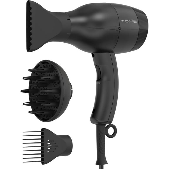 TOME Hair Dryer with Diffuser Ionic Blow Dryer 1875W Cool Shot Curly Hair Teeth Comb Nozzle Fast Dry,Black