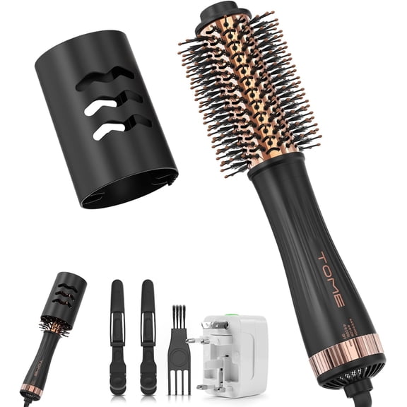 TOME Ionic Blow Dryer Brush Dual Voltage,4-in-1 Hair Dryer Brush Volumizer 1200W Round Brush for Blow Out with European Plug Adapter,Black
