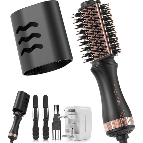 TOME Teardrop One Step Blow Dryer Brush, Mini Hot Air Brush & Ceramic Hair Dryer Brush for Short to Medium Hair with Universal Adaptor, Dual Voltage, Black