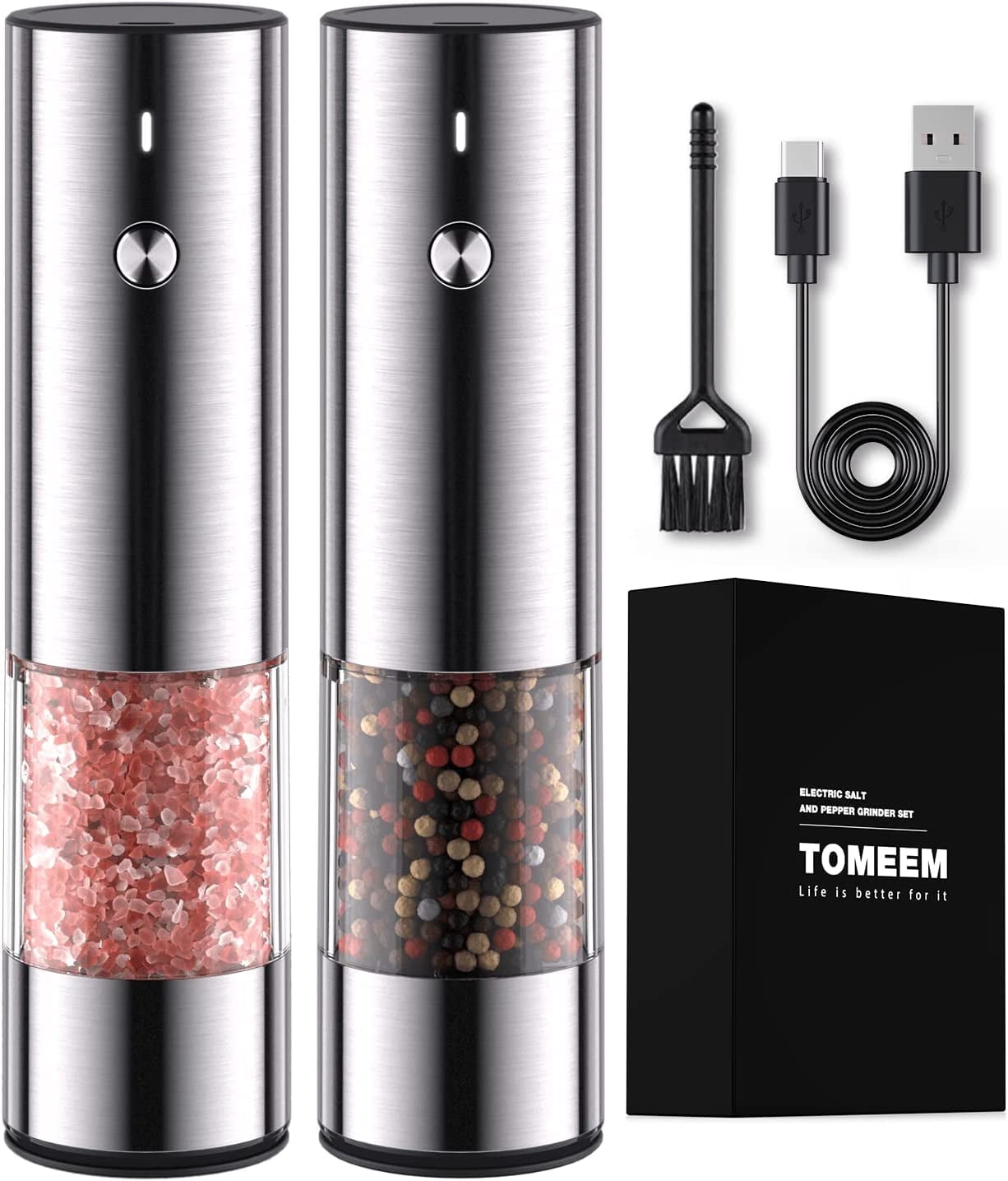 TOMEEM Electric Salt and Pepper Grinder Set Stainless Steel Automatic One Hand Operation Adjustable Coarseness Mill Grinders Shakers & LED Light Refillable