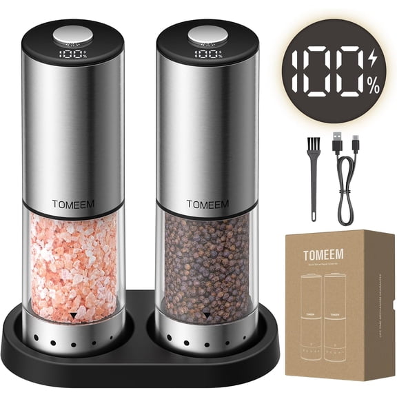 TOMEEM Electric Slat and Pepper Grinder Set with Storage Base, LED Display and Light, 115ml Large Capacity, Automatic Refillable Salt and Pepper Shakers