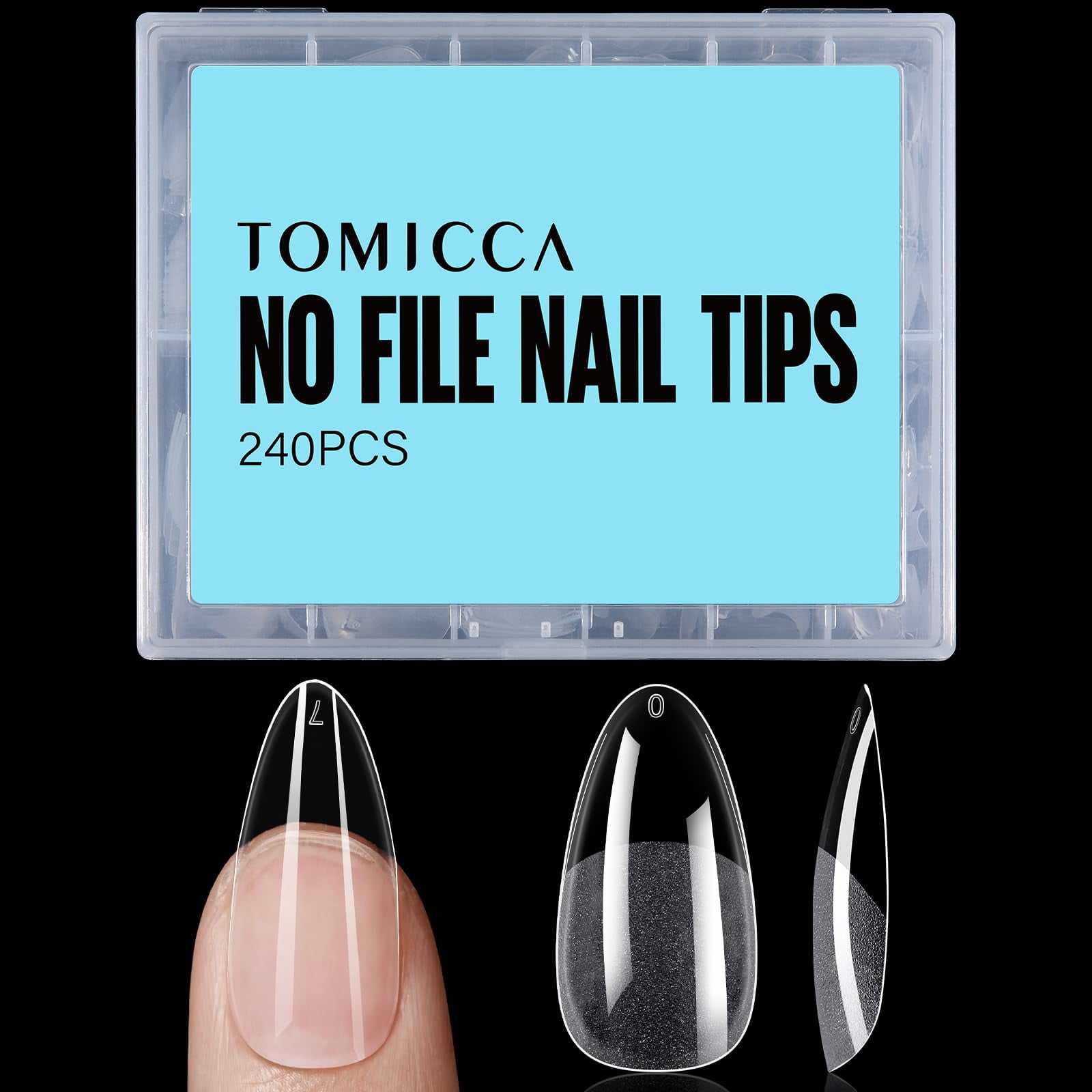 TOMICCA Medium Almond Nail Tips, Gel X Nail Tips Fake Nail Tips 240Pcs Acrylic Nails Full Cover 12Sizes Clear False Nails for Nail Extension DIY Nail Salon