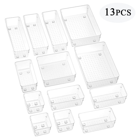 TOMITANY 13 Pcs Clear Plastic Drawer Organizers Set, Vtopmart 4-Size Versatile Bathroom and Vanity Drawer Organizer Trays, Storage Bins for Makeup, Jewelries