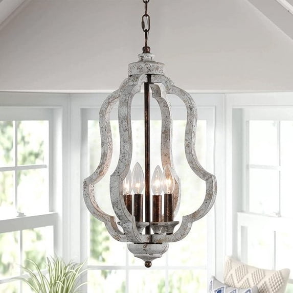 TOMIYA 4-Light Orb Wooden Chandelier Light, Distressed White Wood Handmade Pendant Light for Dining Room Living Room Kitchen