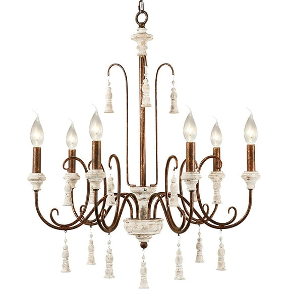 TOMIYA Large French Country Chandelier, 6 Light Wood Farmhouse Ceiling Light Fixtures Hanging Pendant Lamp for Dining Room Living Room Bedroom Decor