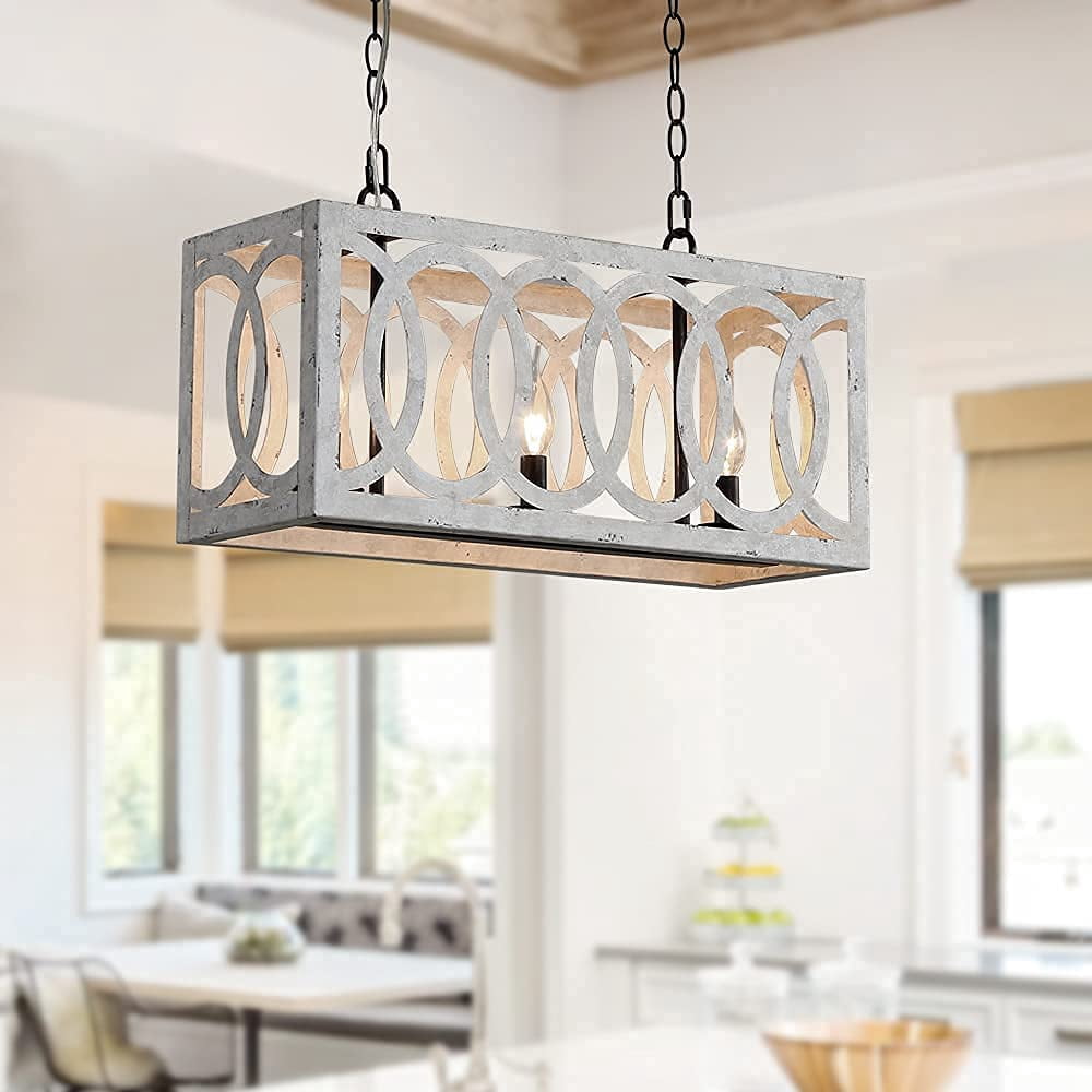 PHILOMENA Farmhouse Rectangular Chandelier - 3-Light, Wood & Black Metal, Rustic Bronze, 22"L X 11.75"H, Adjustable Chain