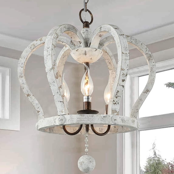 TOMIYA Wood Farmhouse Chandelier Distressed White Crown French Country 3-Light Pendant Light
