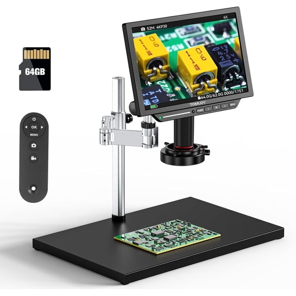 TOMLOV 10.1" HDMI Digital Microscope Coin Microscope Magnifier for Error Coins with HD IPS LCD Screen, 52MP Electronics Repair Soldering Microscope with Ring Light, TM4K Max, 64GB