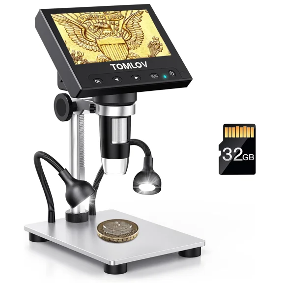 TOMLOV 1000X Error Coin Microscope with 4.3" LCD Screen, USB Digital Microscope with LED Fill Lights, Metal Stand, PC View, Photo/Video