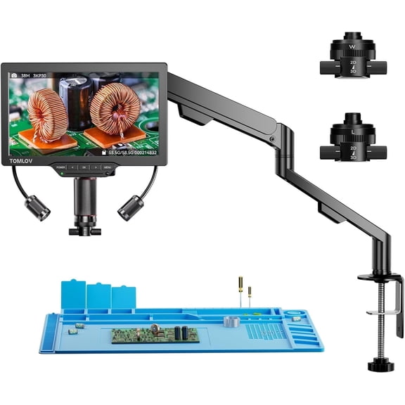 TOMLOV 3D Digital Soldering Microscope 2000X Magnetic Dual Lens Micro Scope TM3K-3D Max For Adult Coin Microscope with Flex Arm, 3K 10.1-Inch IPS Screen, HDMI/USB Output, Gooseneck Light, Repair Mat
