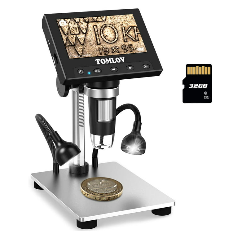 TOMLOV 4.3 Coin Microscope DM4S 1000X, USB Digital Microscope with 10 LED  Lights, Photo/Video, PC View, SD Card
