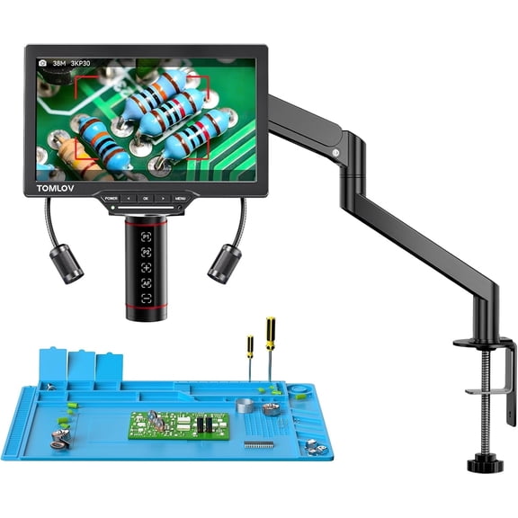 TOMLOV Autofocus Digital Microscope 3K Flex Arm HDMI Microscope 10 Screen Soldering Microscopes, Coin Magnifier