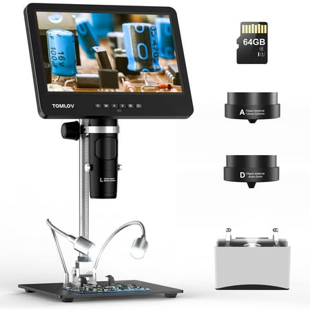 TOMLOV DM601 7'' Triple Lens Digital Microscope,HDMI LCD Coin Microscope with Lights,Slide Holder & 64GB SD Card