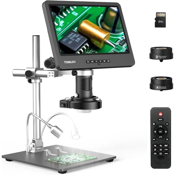 TOMLOV DM602 Pro 10.1" HDMI Digital Microscope Pro Boom Arm Stand LCD Soldering Microscope with 3 Lens, Adults Scope for Electronics Repair, Coin Magnifier Ring Light