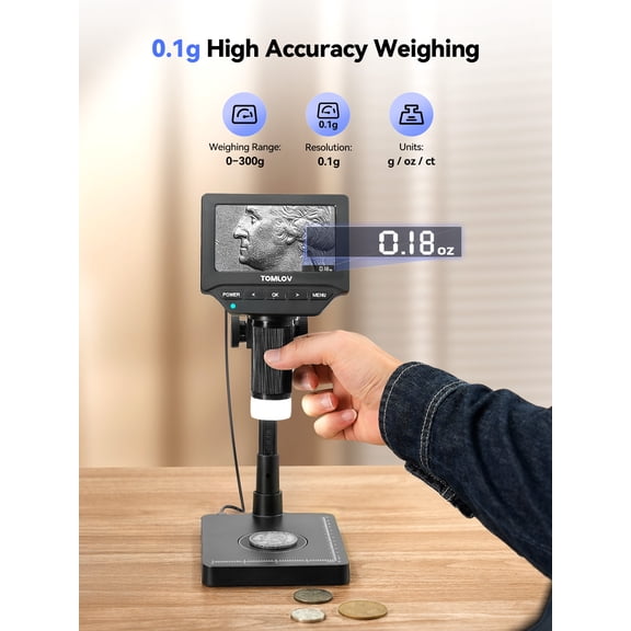 TOMLOV Error Coin Microscope with Weighing Scale, 4.3" Digital Coin Microscope with Screen, Magnifier with Lights, Weight Scale for Collectors, Jeweler