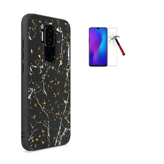 TOMMULTI For AT&T Maestro Plus / Cricket Influence Phone Case, Hybrid Shockproof Slim Hard Cover Case + Tempered Glass Screen Protector (Black Marble with Gold Speck)