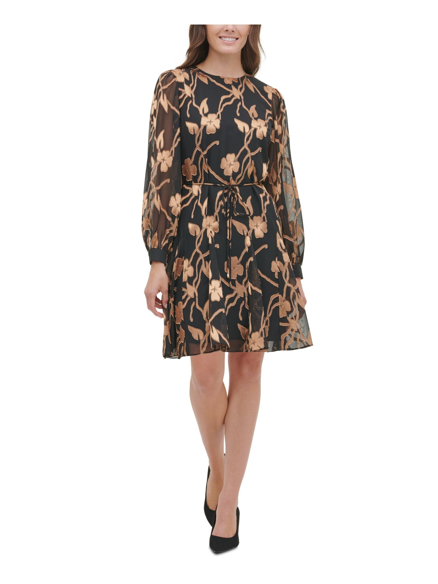 TOMMY HILFIGER $134 Womens New Gold Floral Long Sleeve Fit + Flare Dress 2 B+B