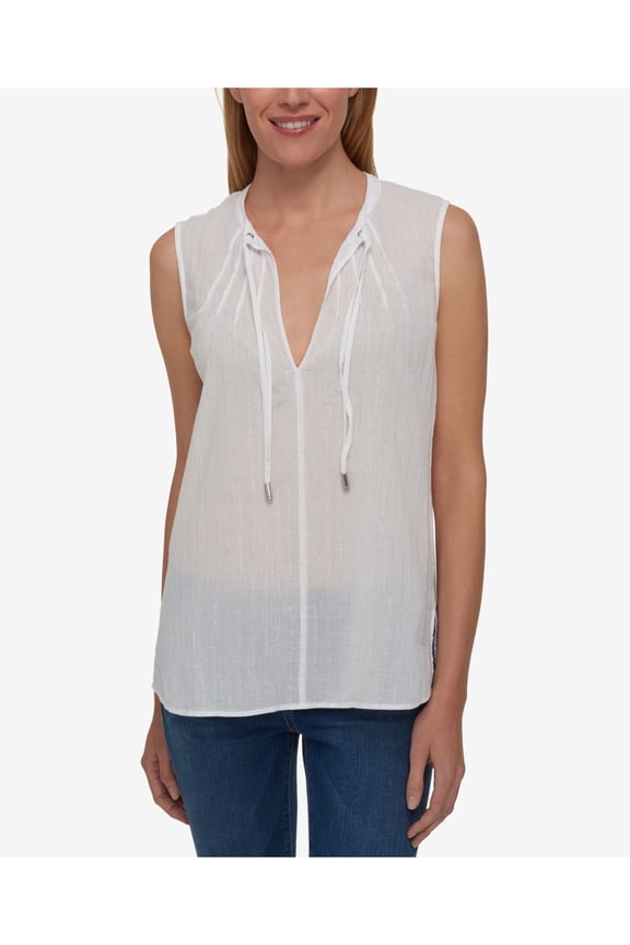 $49 Womens New 1296 White V Neck Sleeveless Casual Top L B+B