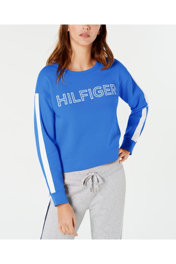 $59 Womens 0195 Blue Striped Sleeve Logo Fleece Sweater XL