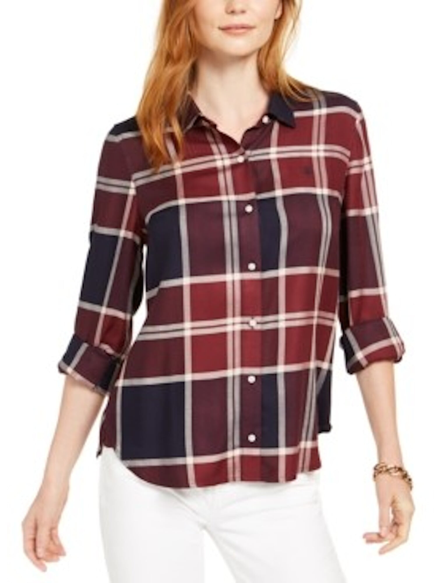TOMMY HILFIGER $59 Womens New Red Plaid Long Sleeve Button Up Top XS B+B
