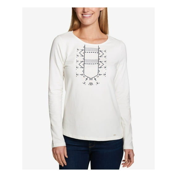 TOMMY HILFIGER $69 Womens New 2710 Ivory Embroidered Long Sleeve Top XL B+B
